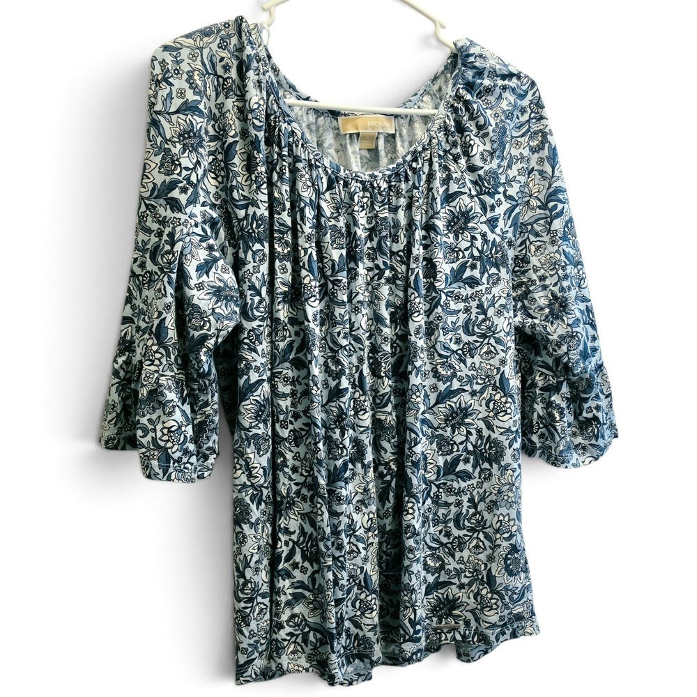 Michael Michael Kors Blue Floral Bell Sleeve Top Women's 1X Cotton Modal